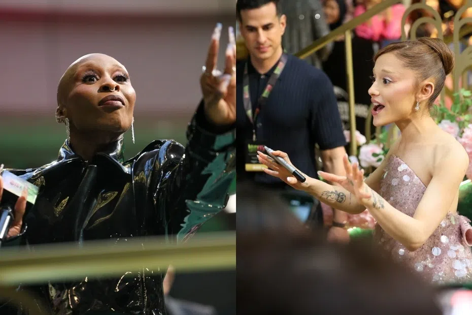 两位女主角的造型也巧妙呼应了片中的角色形象。Cynthia Erivo（左图）以一身亮片黑装亮相见面会；Ariana Grande（右图）则选择粉红亮片造型。在台下与影迷近距离互动时，Grande兴奋喊道：“我爱大家！”（张俊杰摄）