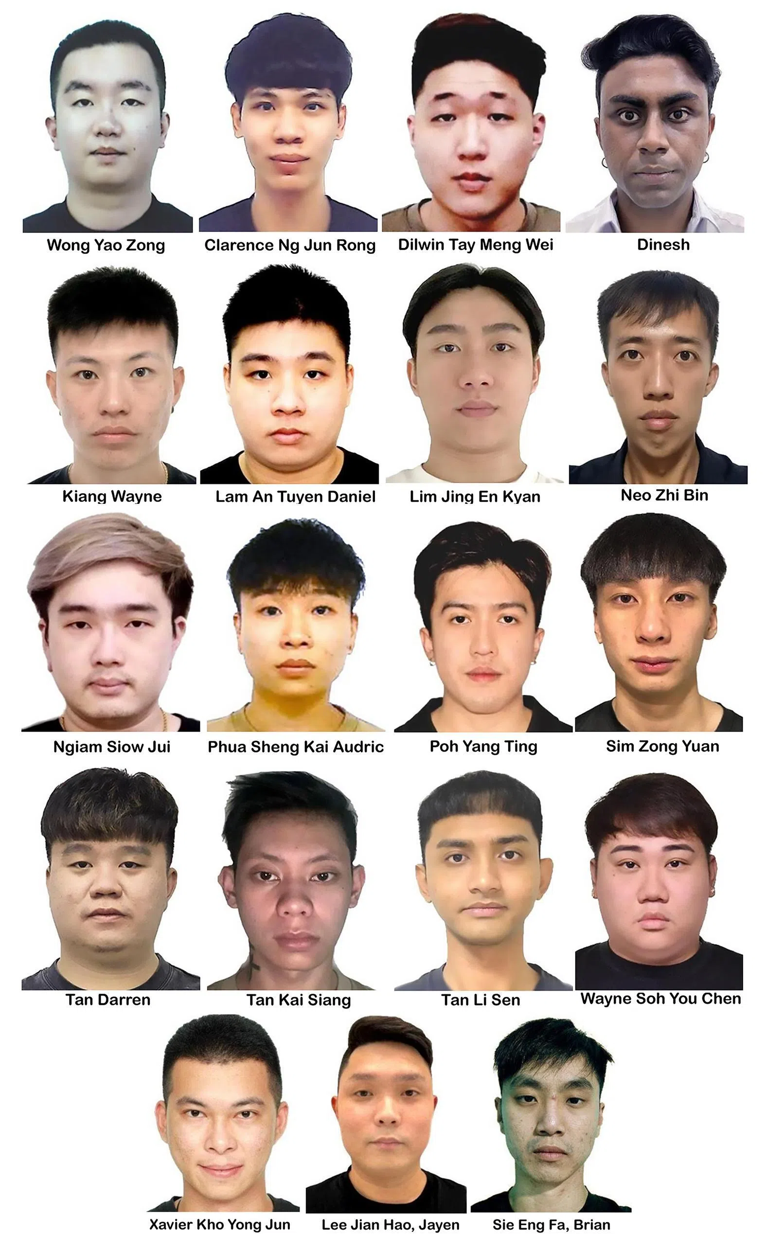 图为被确认为以柬埔寨为基地的有组织犯罪团伙成员的19名新加坡人。（新加坡警察部队提供）