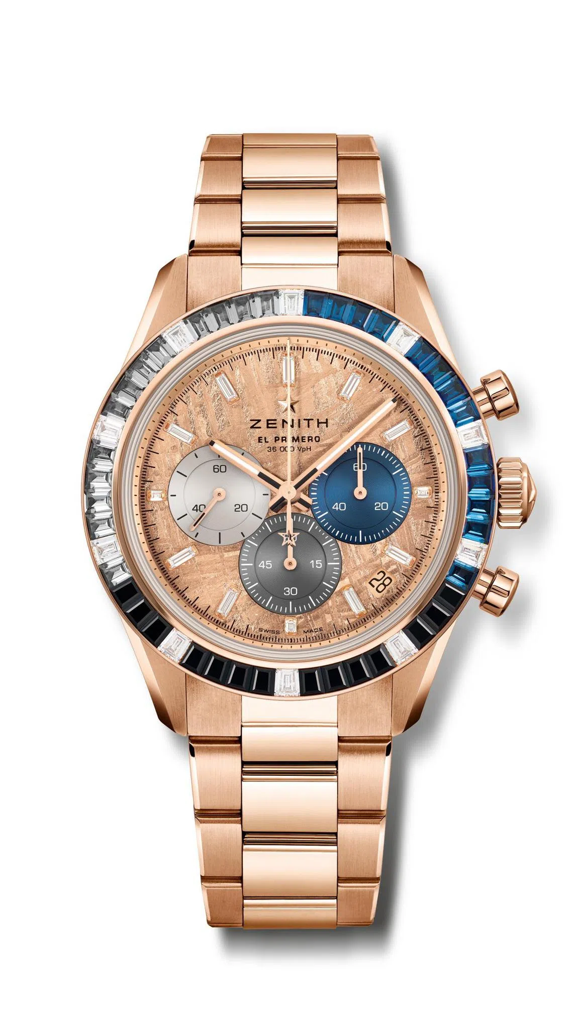 Chronomaster Sport腕表表盘以一整块陨石打造，经工匠手工悉心打磨，呈现金色光泽。（真力时提供）