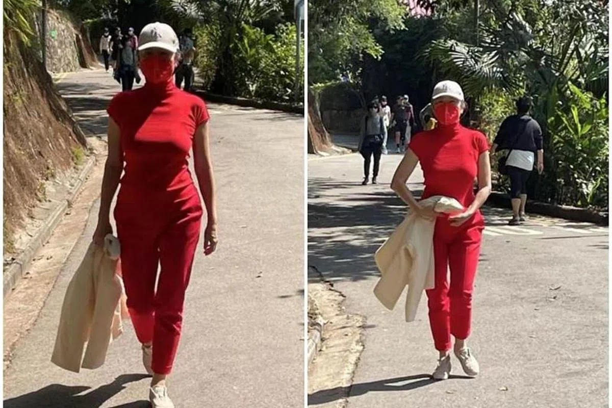 林青霞今年农历春节期间，穿着全身红到香港山顶走山。（互联网） 