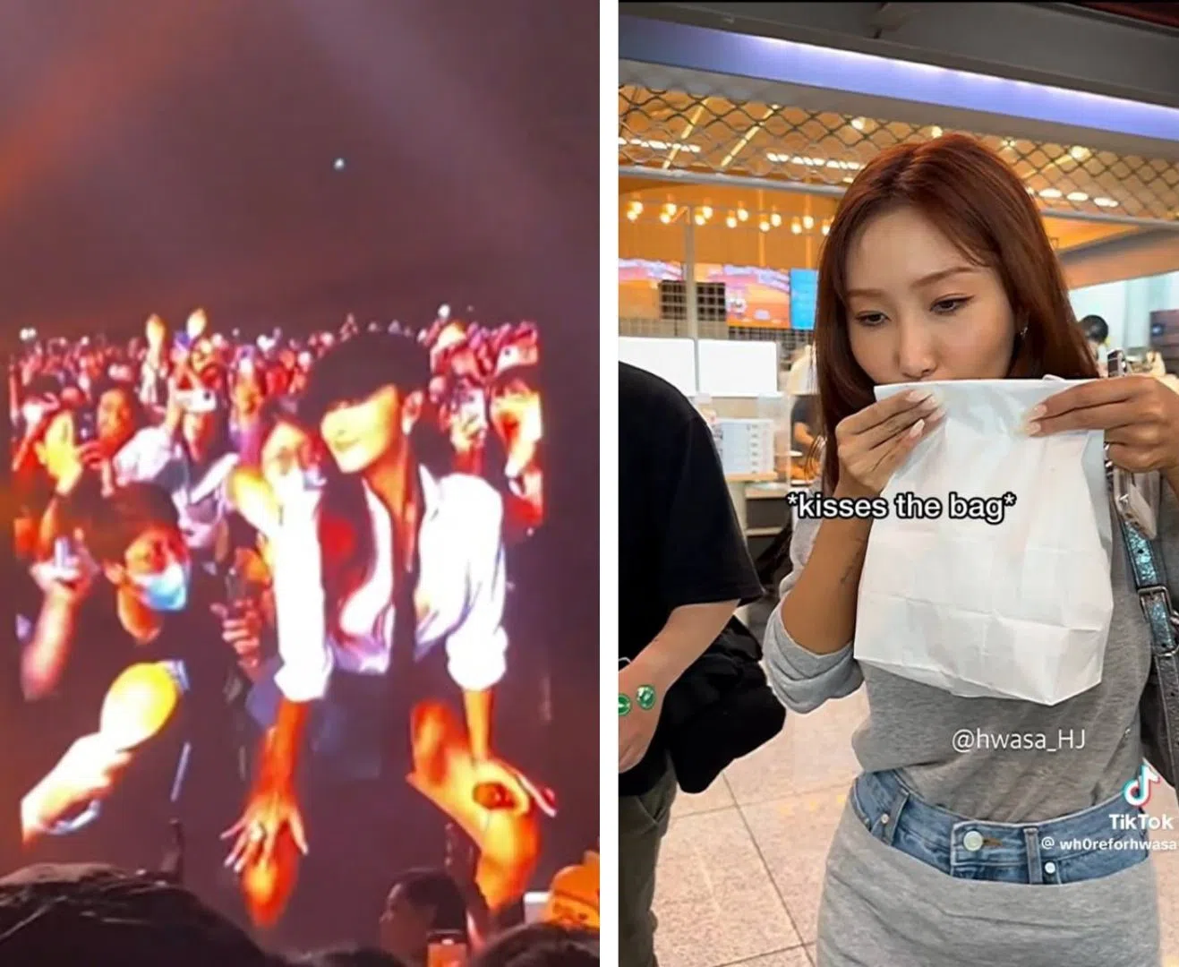 华莎不仅坐粉丝腿（左图），还为饿肚子的粉丝买食物（右图）。（Threads、TikTok截图）