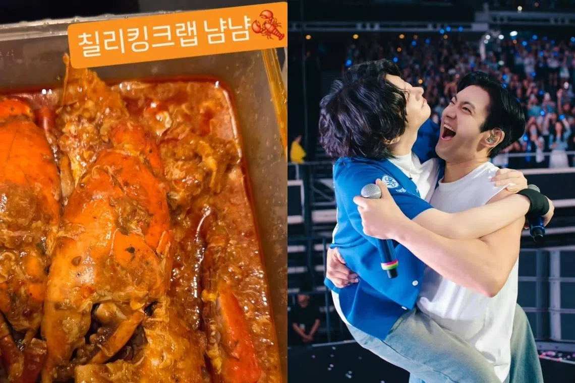 希澈在社交媒体分享吃了新加坡的辣椒螃蟹（左图），以及他在演唱会上被崔始源抱着的活泼照（右图）。（取自希澈IG）