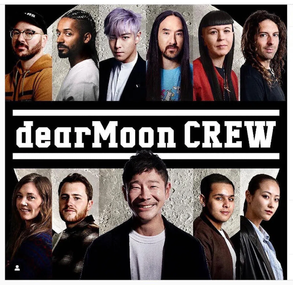 前泽友作（下排中）在社媒宣布他的绕月飞行小组名单。（取自前泽友作instagram）