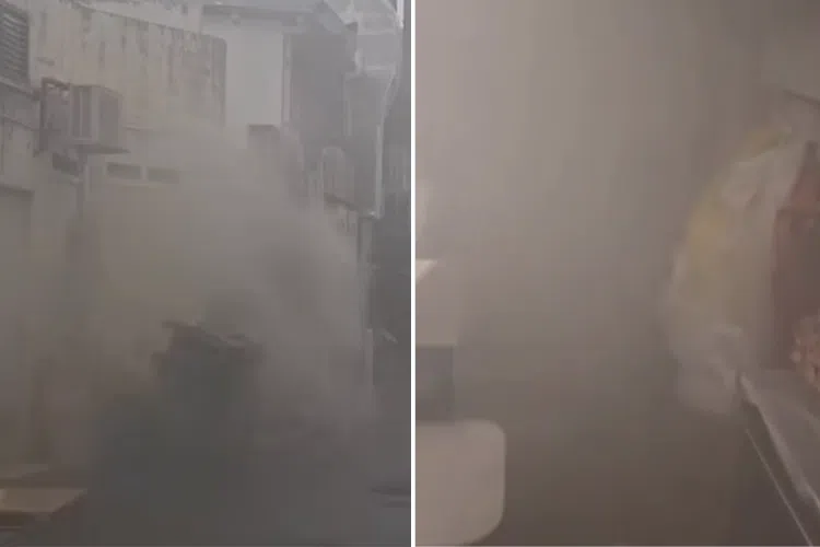 蔡心缅中午在脸书发布的视频显示，店内当时已被浓烟吞噬，伸手不见五指。店后的整条后巷也被浓烟吞没，相信火势相当猛烈。（脸书视频截图）