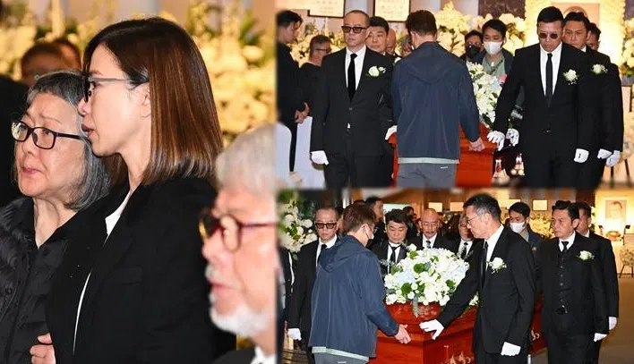 佘诗曼（左图右起，顺时针）与许绍雄的遗孀龙嬿而神情悲伤，扶灵名单包括欧阳震华（左）和苗侨伟（右）。（互联网）