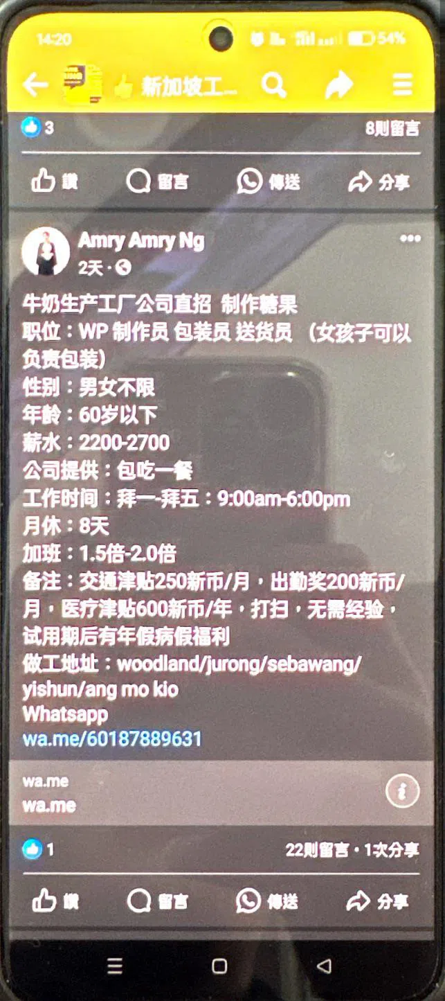 骗子在社交媒体上发布虚假招聘信息。（新加坡警察部队提供）