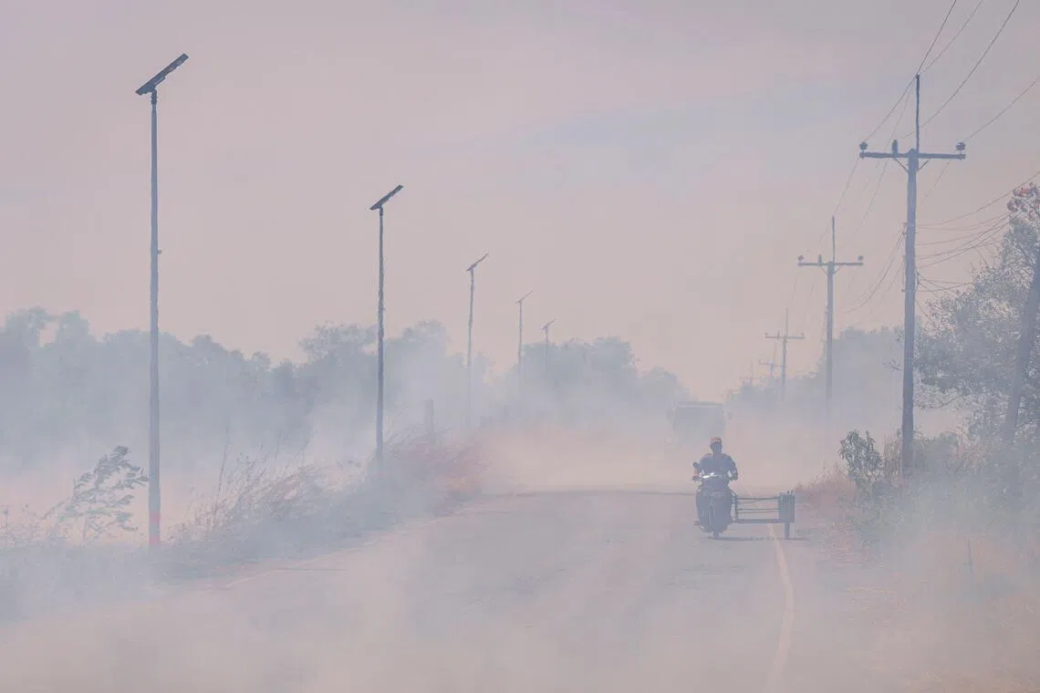 1月28日，泰国曼谷东部的那空那育府因焚烧活动导致空气严重污染，浓雾弥漫。（法新社）