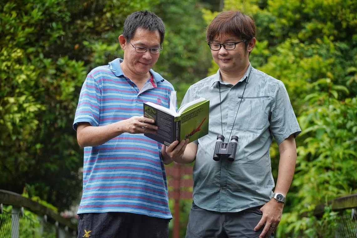 蜻蜓与豆娘专家严文江（左）与吴富全花了两年时间合著《新加坡蜻蜓与豆娘图鉴》，是目前本地最全面的相关记录。（档案照）