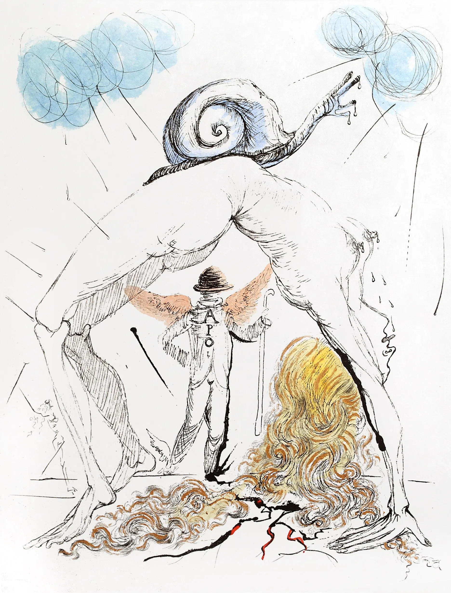 达利蚀刻画《阿波利奈尔：女人与蜗牛》，戴帽者是画家化身。（画廊提供）