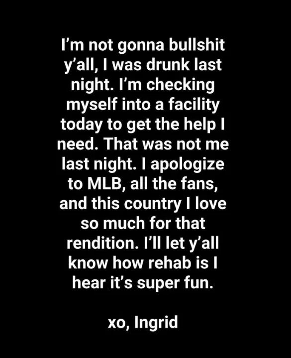 Ingrid Address通过社媒承认表演时喝醉了。（取自Ingrid Address IG ）