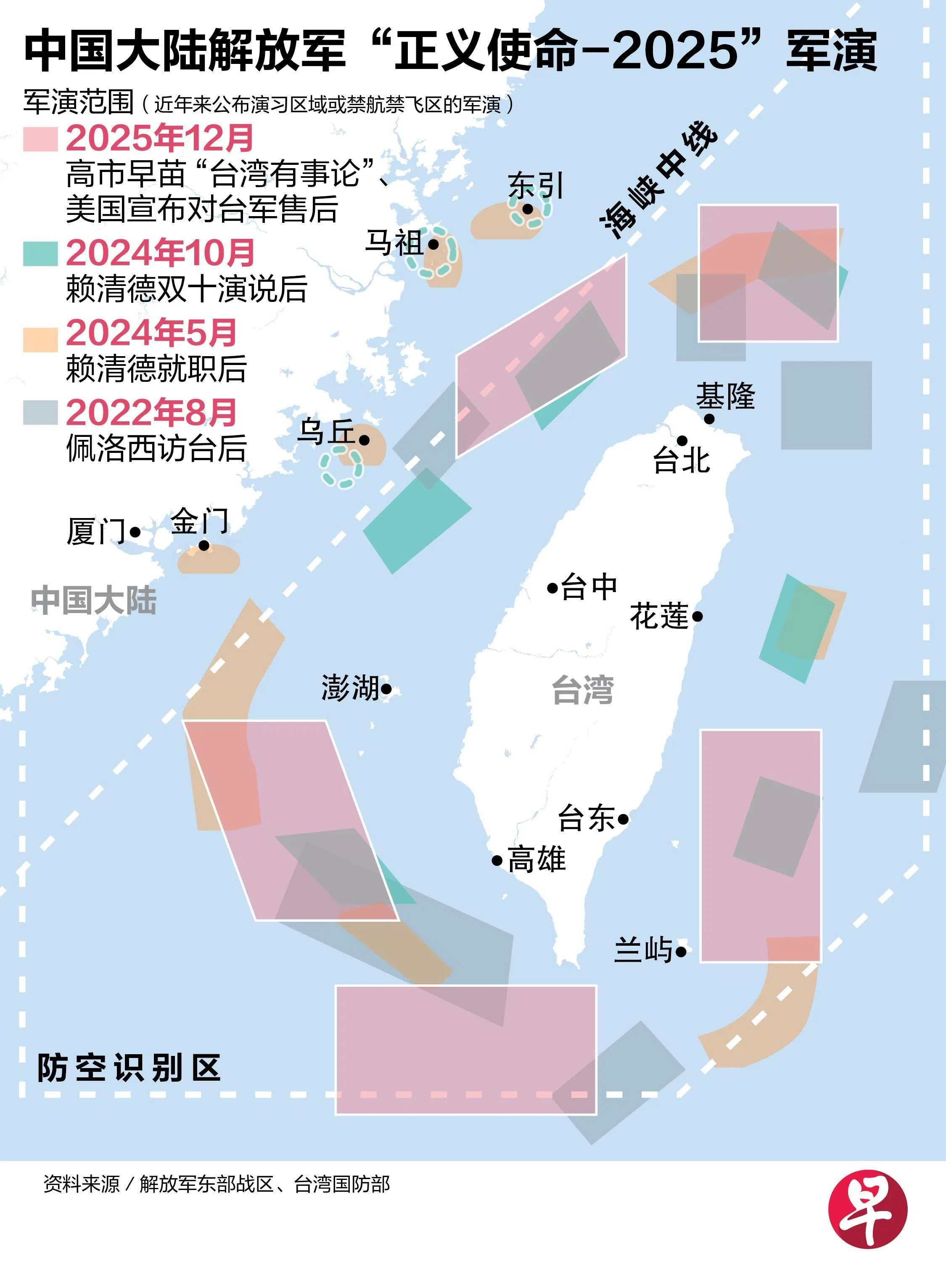中国大陆解放军“正义使命-2025”军演范围（联合早报）