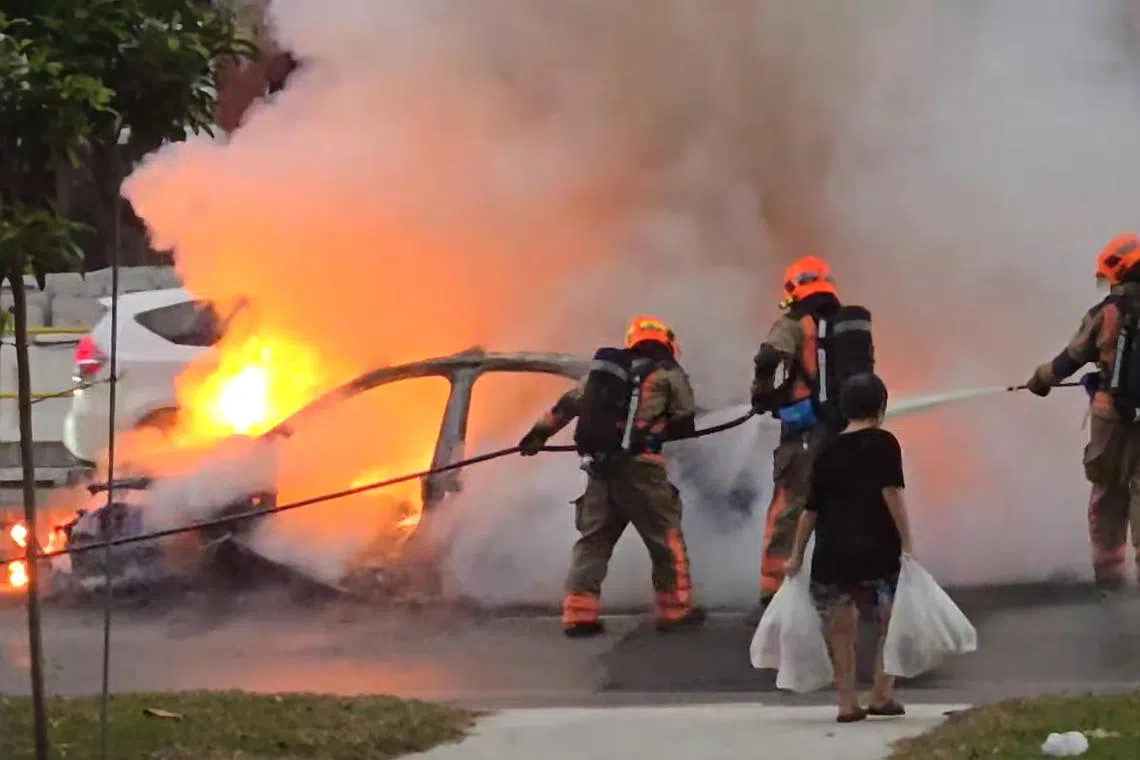 消防员到场后使用一条消防水管和一个压缩空气泡沫背包（Compressed Air Foam (CAF) backpack）将火势扑灭。（取自脸书）