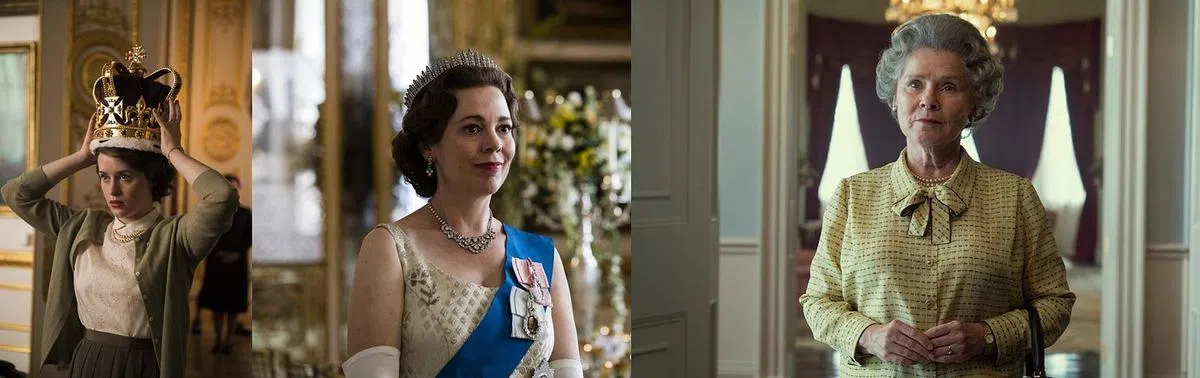 克莱尔芙伊（左起）、奥利维娅科尔曼和伊美妲史坦顿在《王冠》诠释青年、中年、老年版的英女王。（Netflix提供）