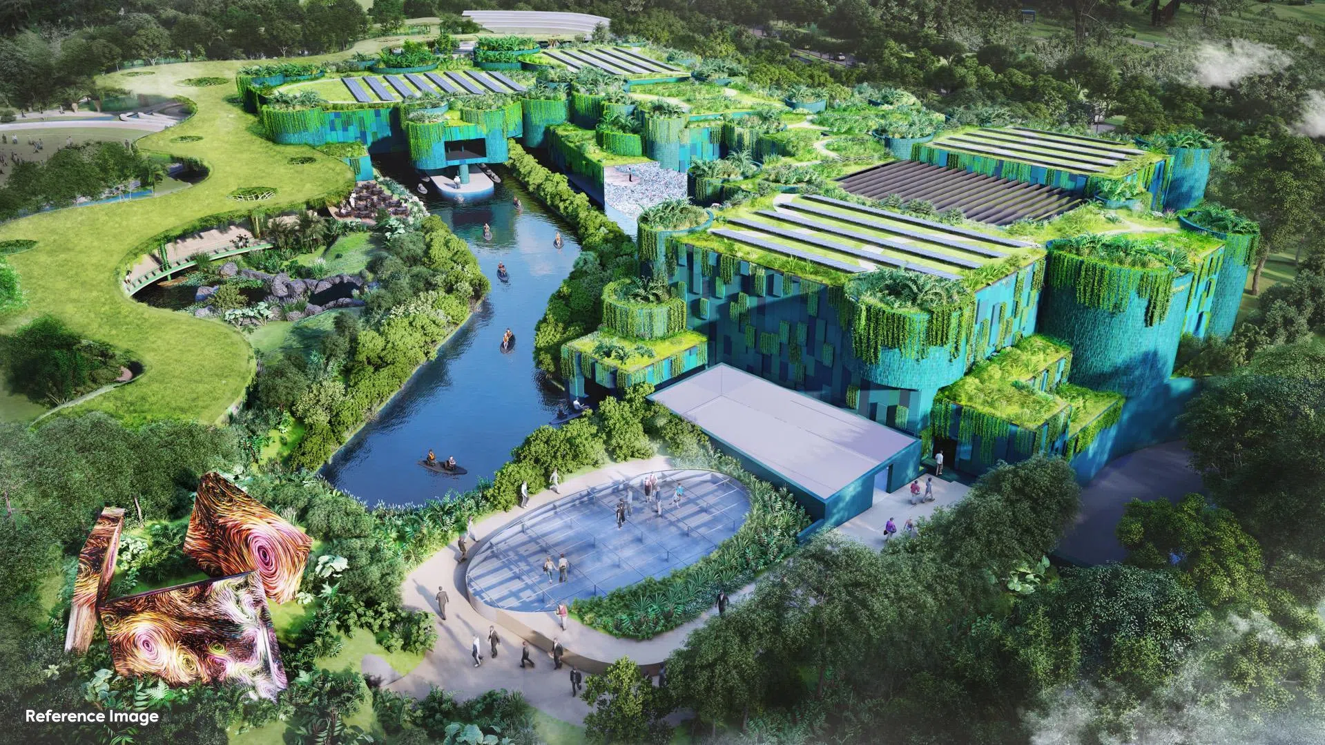 占地约1万2000平方米的teamLab旗舰美术馆，将打造首个结合室内与户外的多感官沉浸式体验。访客可乘坐特制的脚踏皮划艇，在受控水道中航行，体验互动式的水上艺术之旅。（滨海湾花园提供）