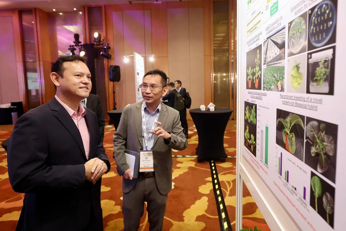 国防部兼永续发展与环境部高级政务部长扎吉哈（左）出席第四届全球农业食品科学研讨会，他在现场参观各类农业创新方案，深入了解最新科技应用。（陈斌勤摄）
