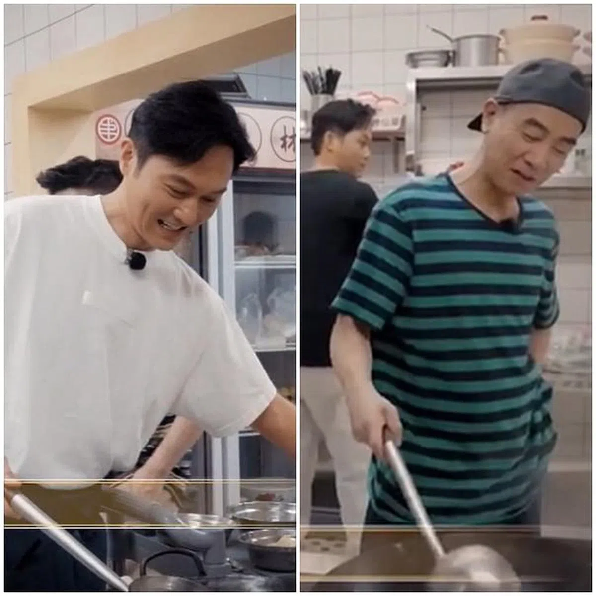 张智霖（左图）和陈小春下厨的样子，笑容一样，风格不同。（视频截图）
