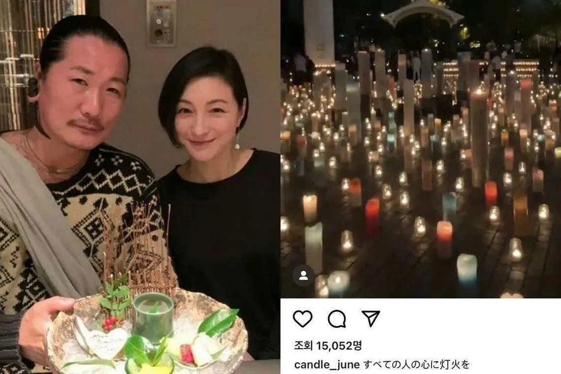 广末凉子和老公Candle JUNE（左图左）2010年结婚。Candle JUNE在社媒分享蜡烛影片（右图）。（互联网）