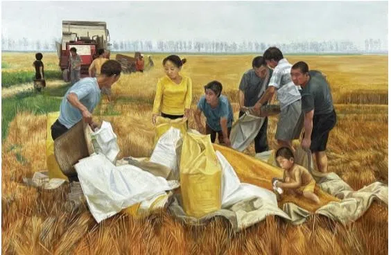 孟志华油画《丰收之四》呈现现代化大机器农民丰收的场景。（受访者提供）