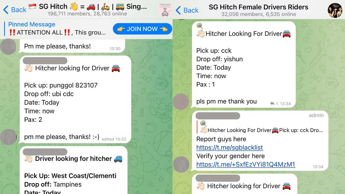 尽管当局已表明对违规的拼车行为采取执法行动，这仍无阻Telegram用户寻求相关服务。（Telegram截图）