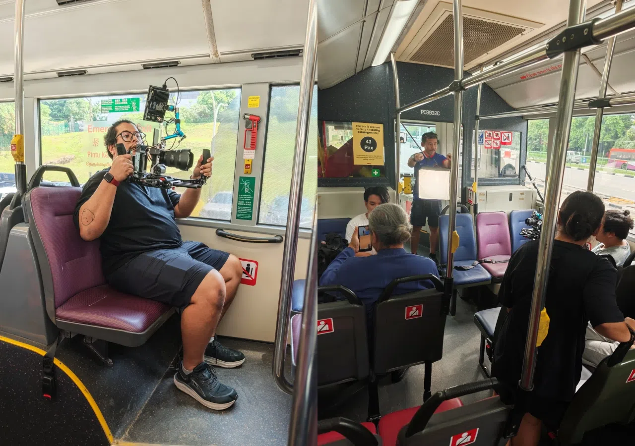 “Route 65”全片都在一部租来的退役巴士上拍摄，摄影师得稳住双手避免镜头晃动。（吴颖胜提供）