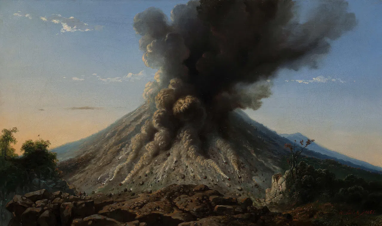 印尼艺术家拉登·萨尔油画《日间默拉皮火山爆发》。（苏富比）