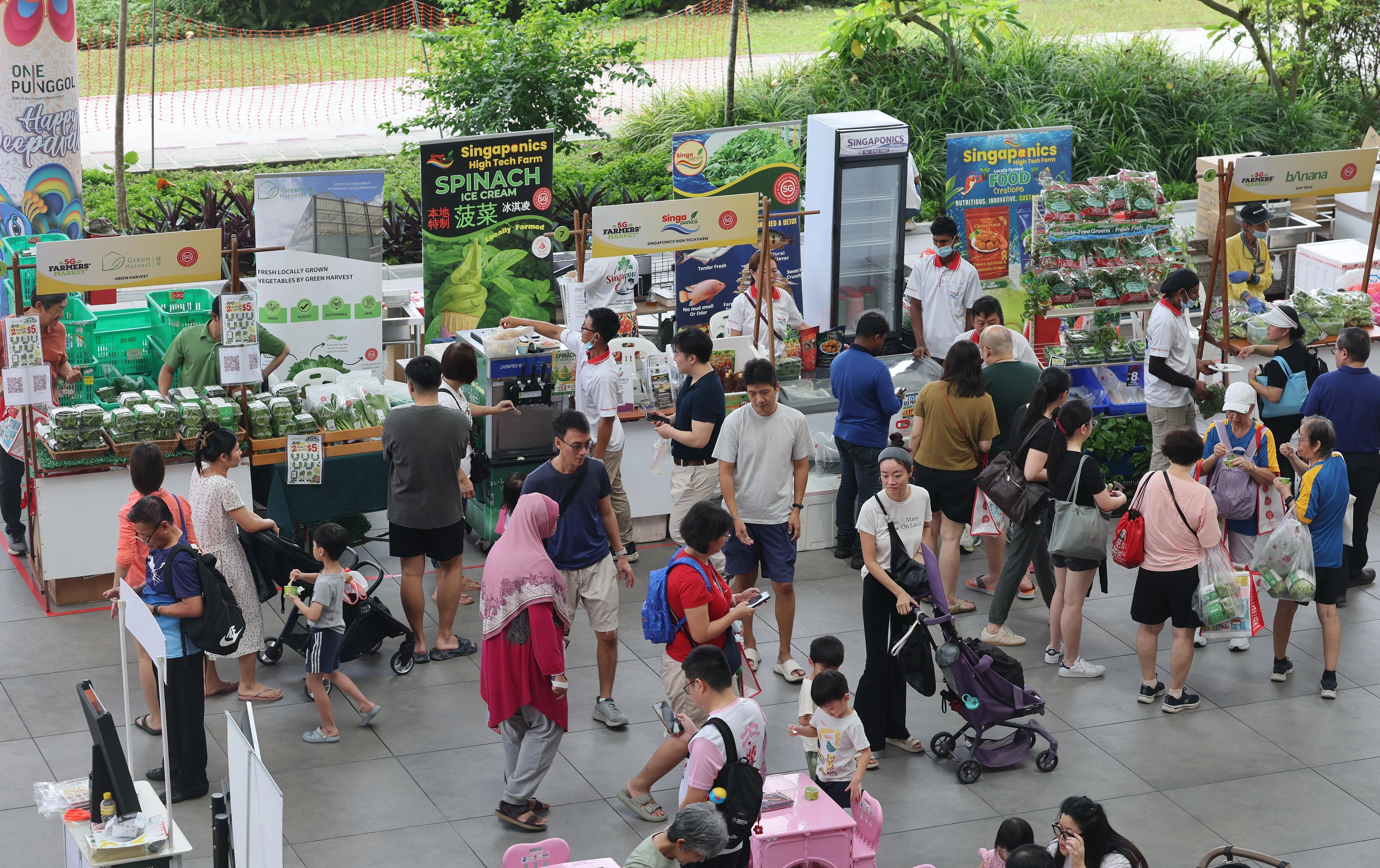 展览场边也有“新加坡农夫市集”，售卖本地农场收割的新鲜蔬菜和香菇等。（唐家鸿摄）