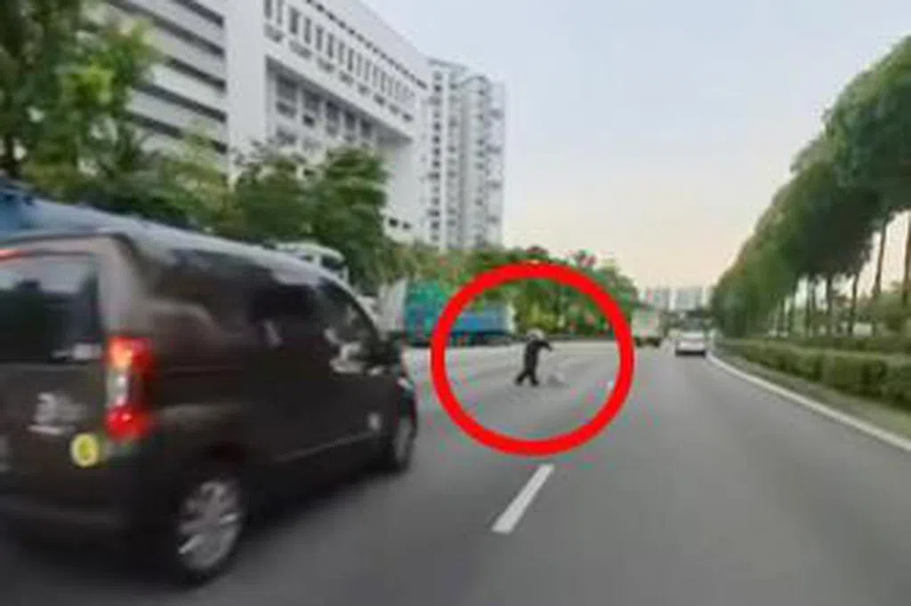 妇女推手推车过快速公路 车辆纷闪避