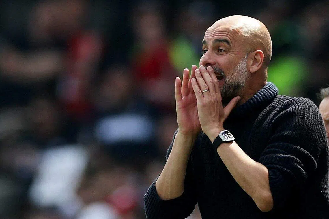 距离带领曼市赢得史无前例的英超四连冠，瓜迪奥拉还需再胜两场。（路透社）