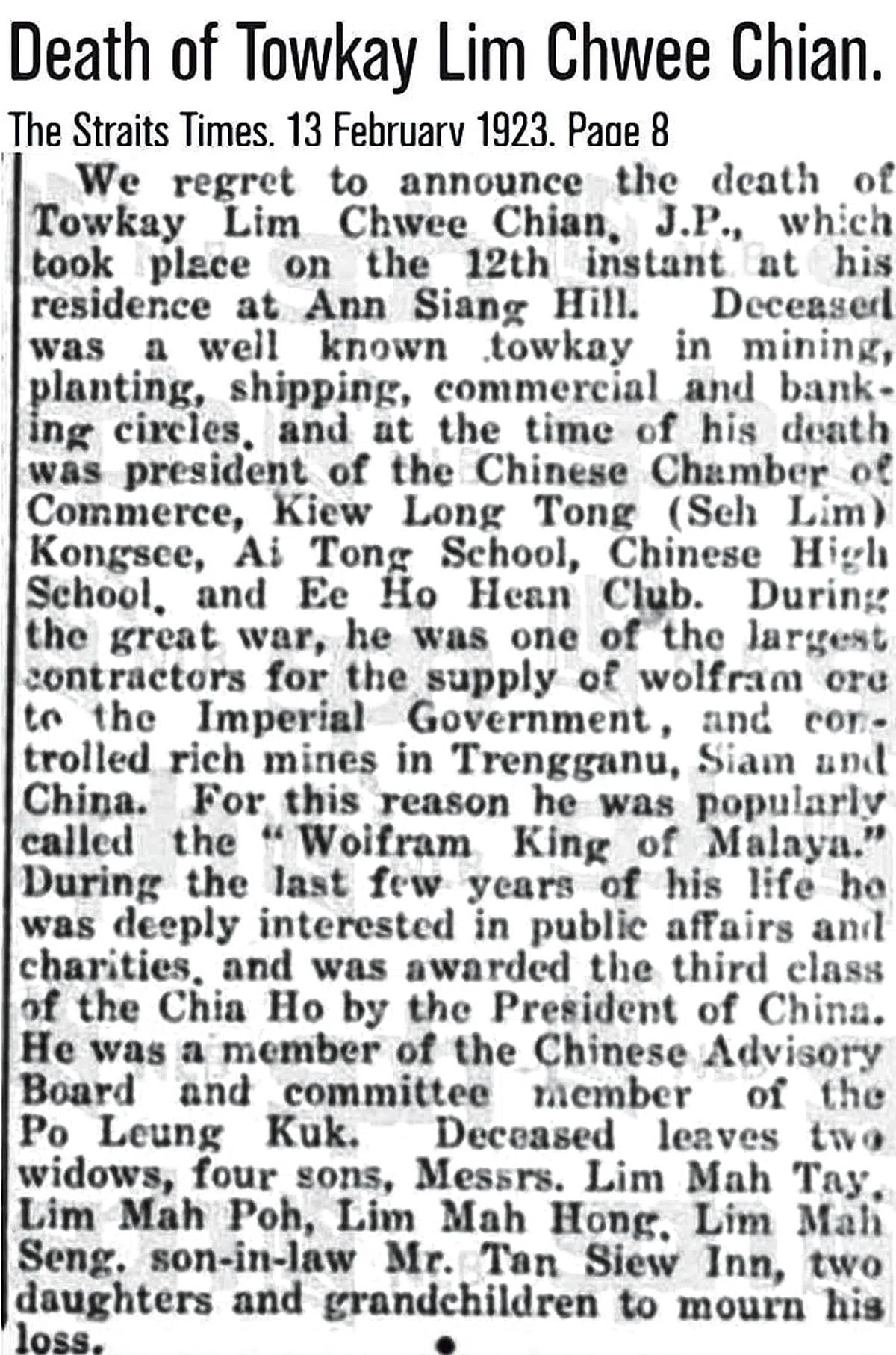 海峡时报报道林推迁生平。（作者提供）