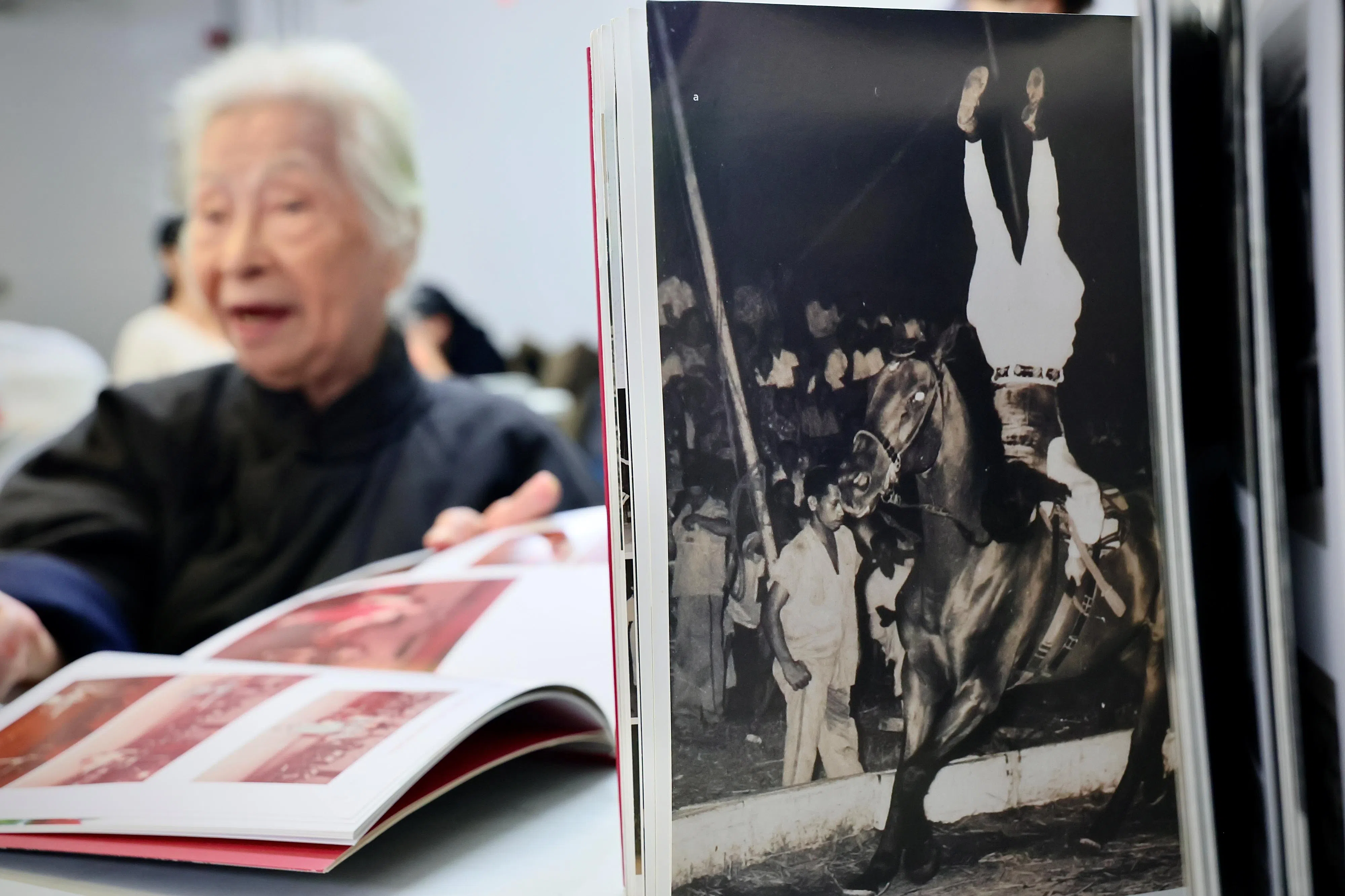 史玲芬当年怀孕期间依然跟着马戏团跑码头，甚至在马背上表演倒立。（龙国雄摄）