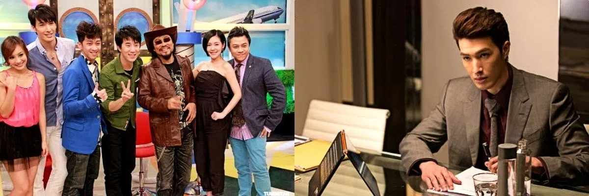 锦荣（左图左二）2012年与房祖名和张菲等做客《康熙来了》，为电影《宝岛双雄》宣传。不过，真正为锦荣打开知名度的是《小时代》系列电影里的宫洺一角（右图）。（互联网）