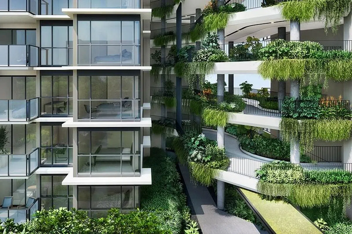 每层都设有绿植仿佛处于空中花园，每天回家都能感受到绿意盎然的鲜活生气。（构想图/星狮地产提供）