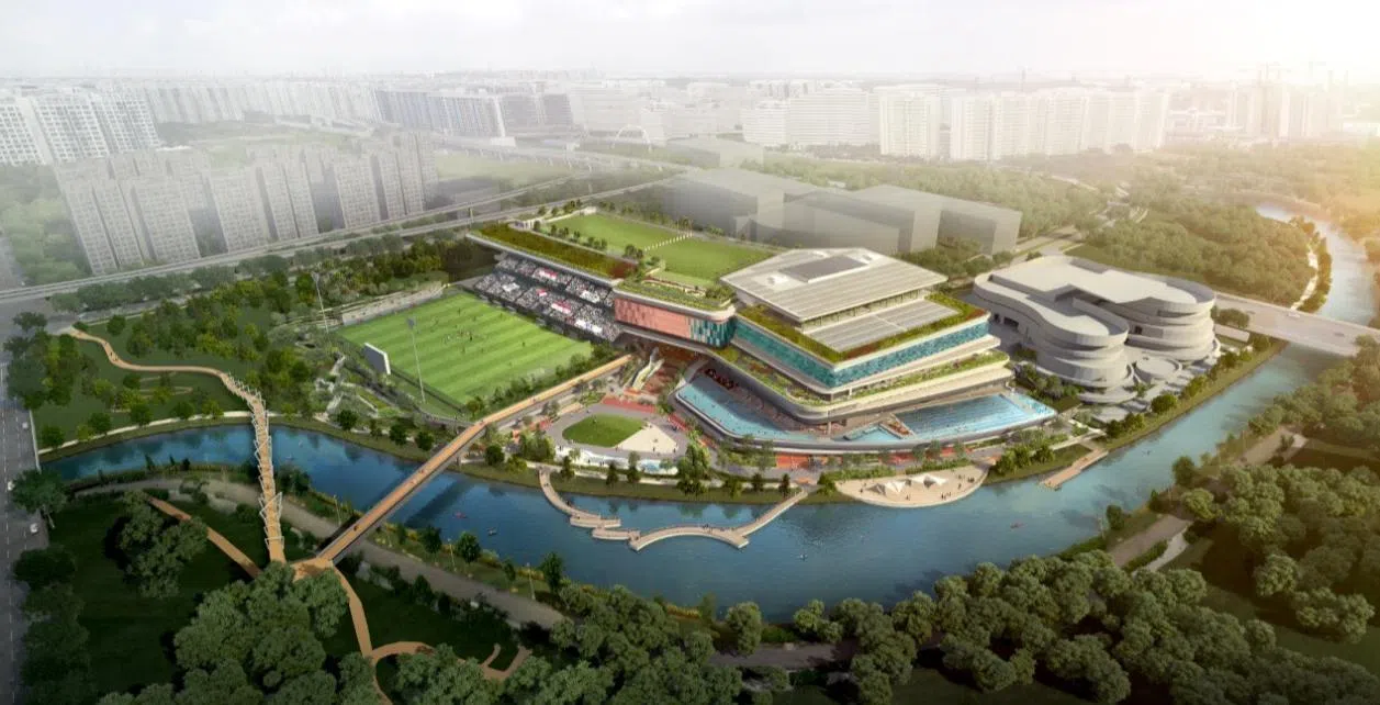 榜鹅区域体育中心完工后，将设有5000个座位的足球场、含五个泳池的综合游泳馆、20个羽毛球场的室内体育馆，以及射箭培训中心等。（新加坡体育理事会提供构想图）