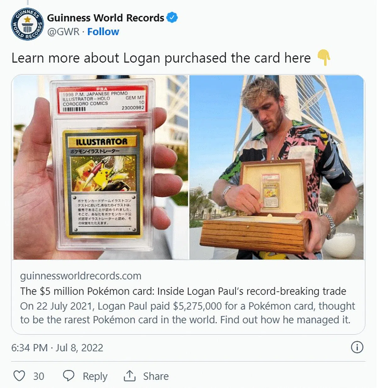 网红Logan Paul所持有的“Pikachu Illustrator”卡片交易价格打破宝可梦卡片交易额的世界纪录（图/Guinness World Records推特）。