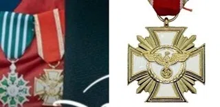 朱智勋佩戴的勋章（左图）和德国纳粹时期的“三等金质勤续勋章”形状相似。（互联网）