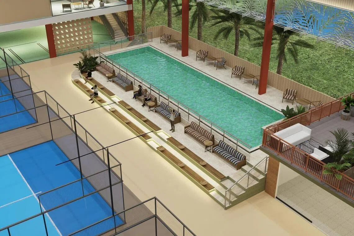 场馆内的泳池、冷热对比疗法浴池等设施构想图。（The Sports Arina提供）