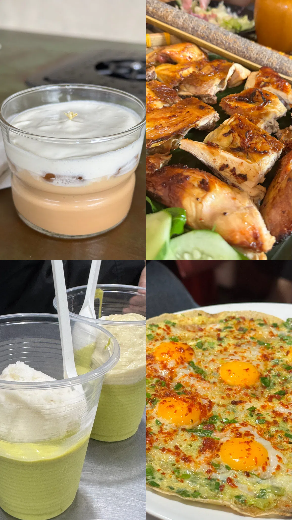 令人垂涎的咸咖啡（左上顺时针方向）、爆汁脆皮烤鸡、在地炭烤薄饼、浓郁鳄梨椰子奶昔。（陈慧琳摄）