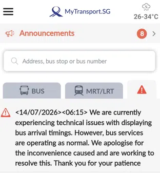 陆交局的MyTransport.SG应用星期二早上6时15分发通知说，基于技术问题，无法显示巴士到站时间，但巴士服务仍正常运作。（MyTransport.SG应用截图）