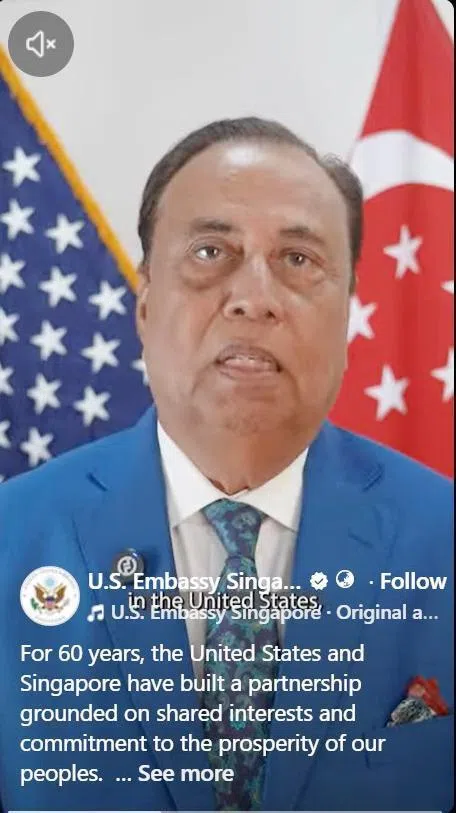美国驻新加坡大使辛哈在脸书发布视频说，美新伙伴关系比以往任何时候都更加重要，经济联系也深厚。（美国驻新加坡大使馆脸书视频截屏）