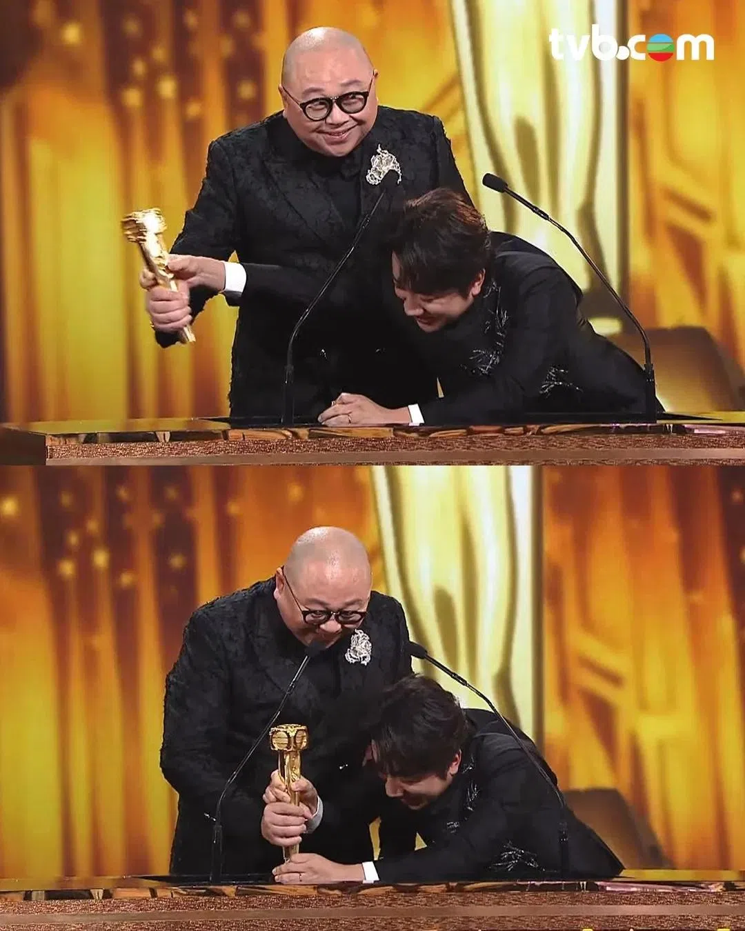 林盛斌太激动，把奖座撞断。（互联网）