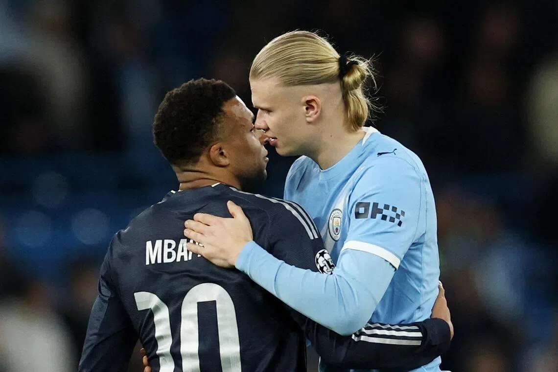 上个月刚在欧冠16强次回合赛中分别代表皇家马德里和曼市出战的法国和挪威神射脚姆巴佩（左）和哈兰德，今夏将再次于世界杯小组赛中碰头。（路透社）