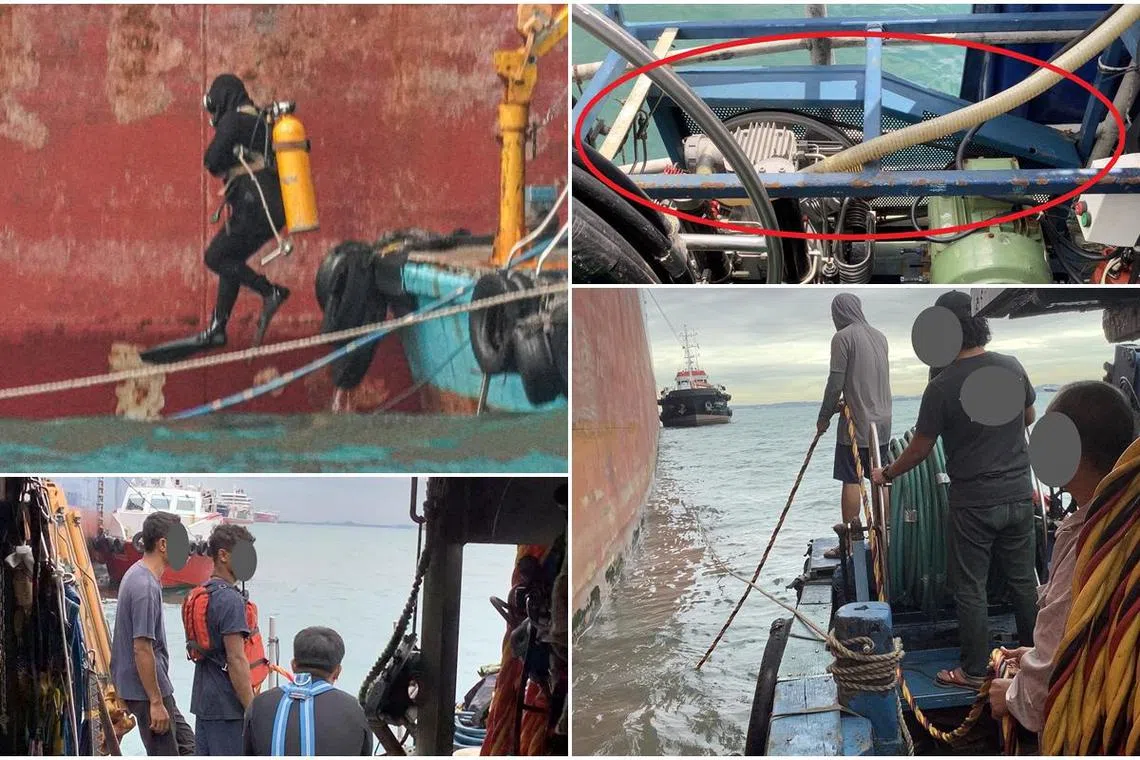 执法人员发现的安全疏漏，包括待命潜水员仅穿着普通衣物，未佩戴潜水设备；船上人员没有穿上救生衣；空气压缩机零件外露，存在伤及接触者的风险等。（人力部提供）