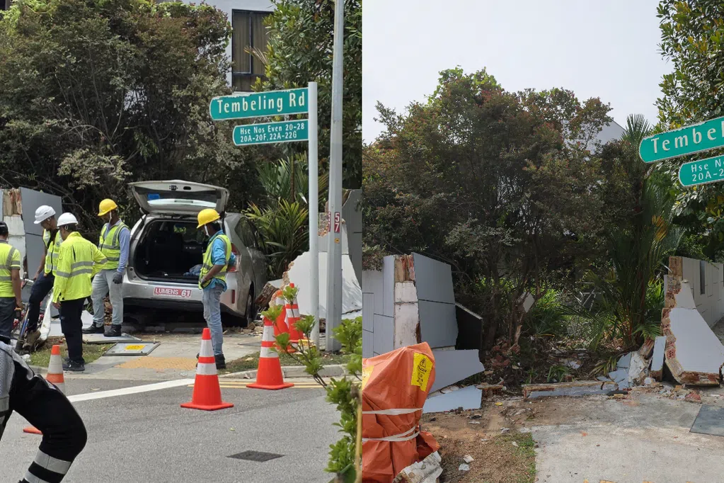 冲击力惊人！ 汽车失控撞毁排屋围墙及配电箱