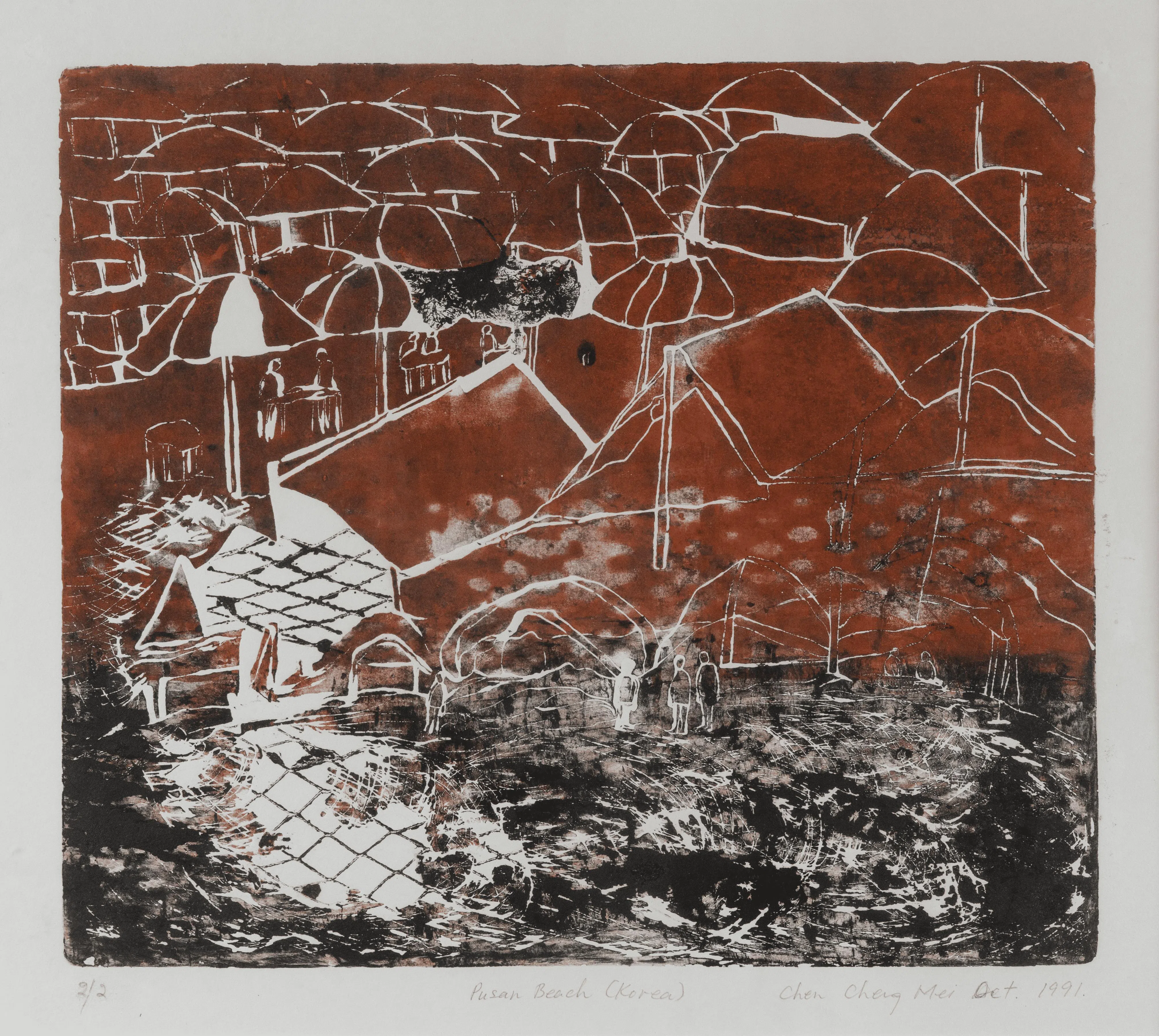 陈城梅1991年蚀刻版画以釜山海滩为题材。（当代美术馆提供）