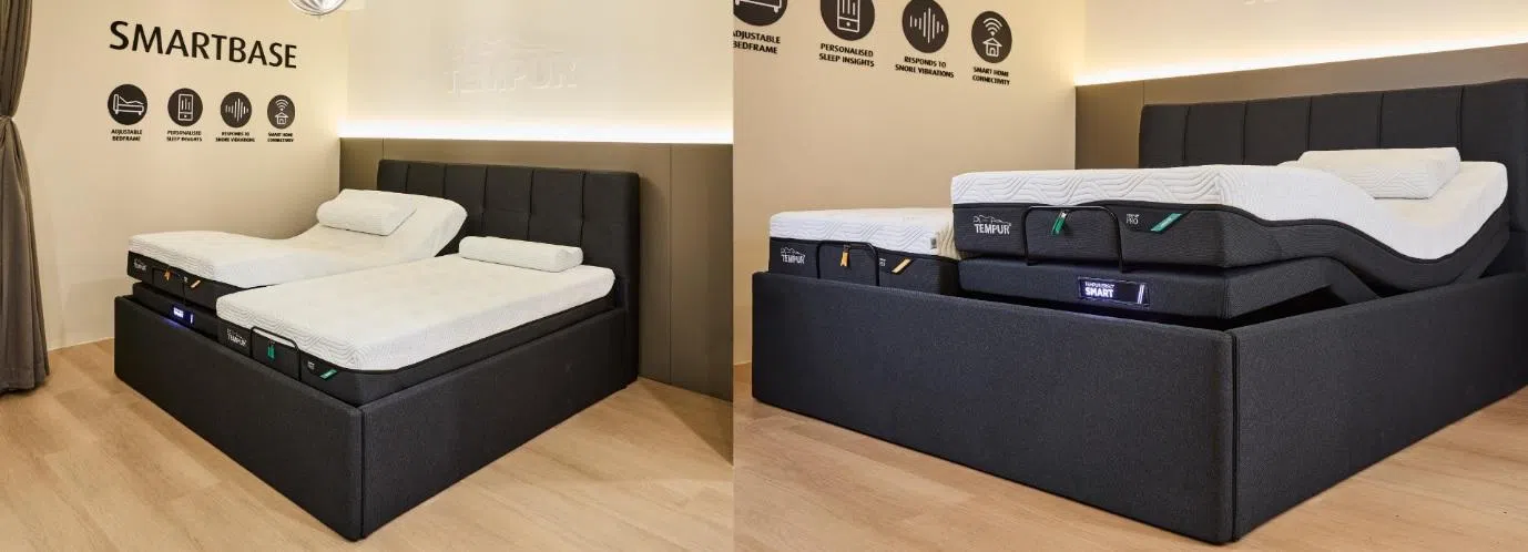 Tempur Smartbase智能床系统采用内置专利Sleeptracker-AI传感器，在检测到鼾声时能自动抬高入睡者上半身以减轻打鼾。（商家提供）