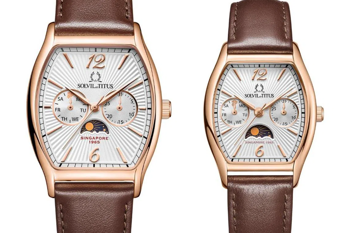 “大都会”男女腕表设计灵感来自滨海湾金沙光影水舞秀。（铁达时提供）