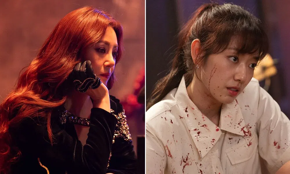 朱斯提提亚（吴娜拉饰，左）因被惩罚而附身到姜光娜（朴信惠饰，右）身上。（取自SBS Drama脸书）