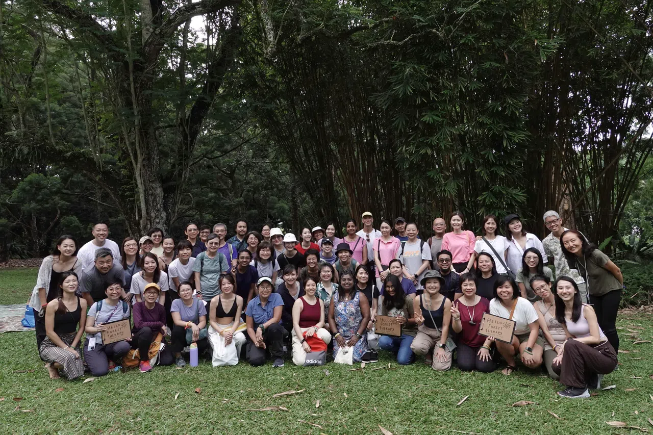 配合国际森林浴日，森林浴向导组织Forest Therapy Singapore在新加坡植物园举办活动，参与者包括约20名获ANFT认证的向导。（受访者提供）