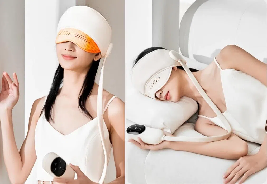 包裹式头眼一体按摩仪，能躺着戴，让你安心入睡。（取自shopee.sg）
