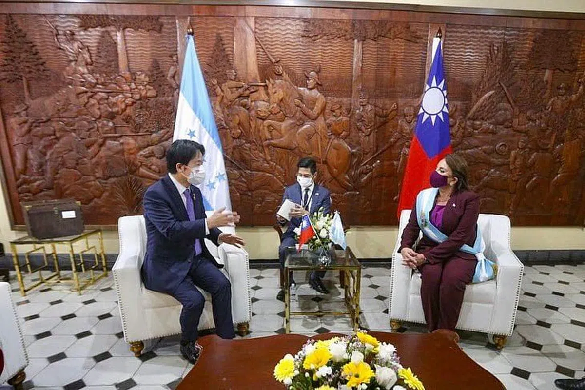 台湾副总统赖清德（左）今天与洪都拉斯新任总统卡斯特罗进行会谈。（卡斯特罗推特截图）